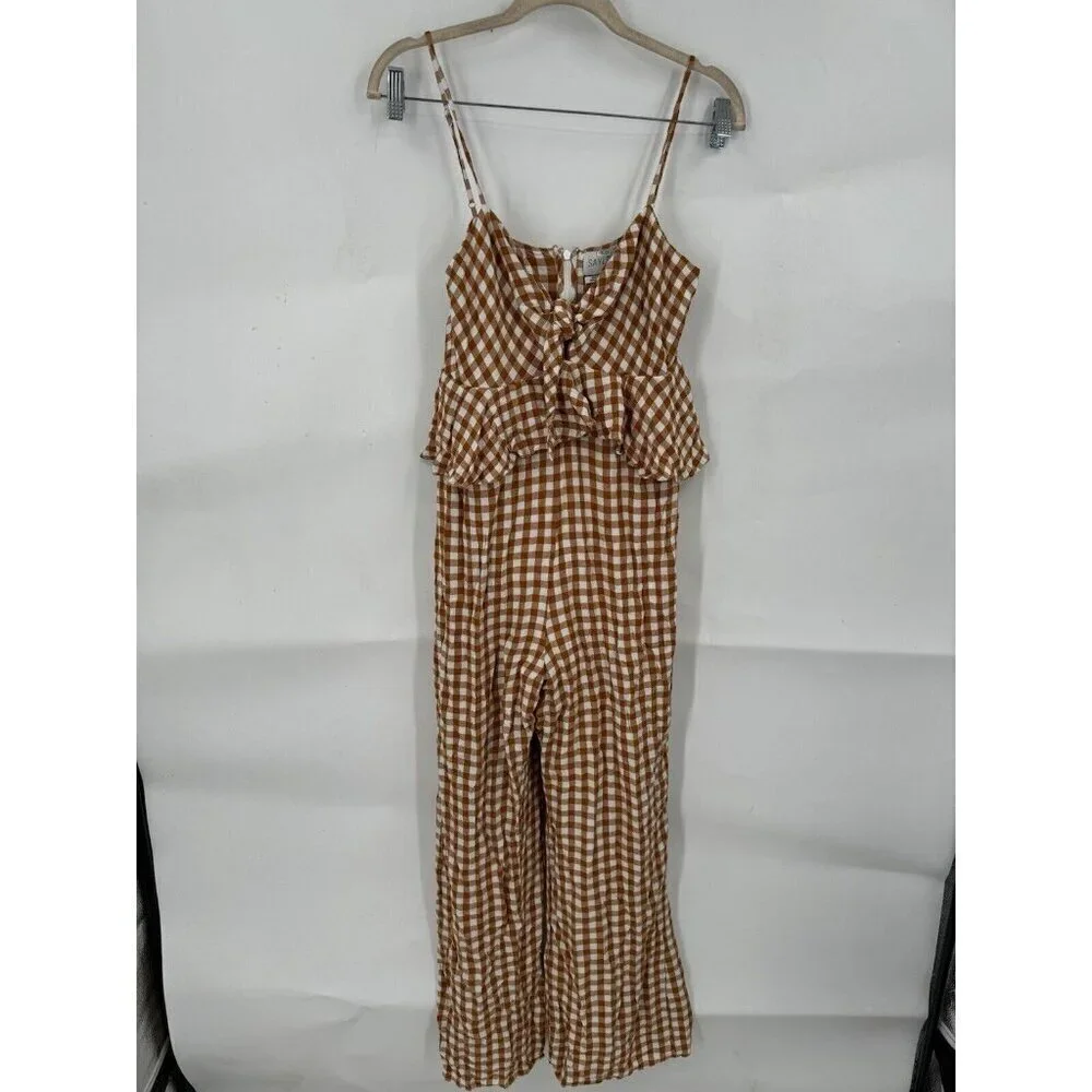 Saylor Jumpsuit Women Medium Orange White Bohemian Wide Leg Western Gingham RTR - Picture 2 of 15